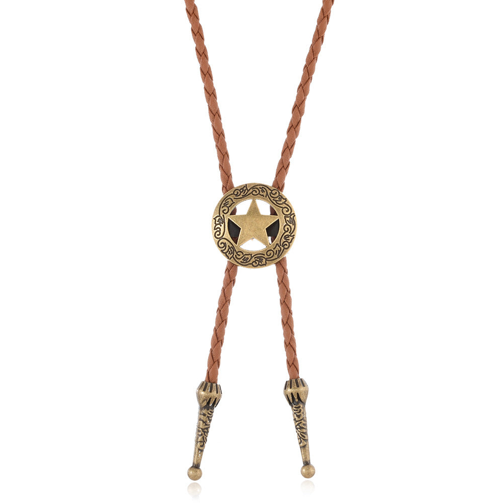 Western Star Concho Braided Bolo Tie Necklace - Brown and Bronze