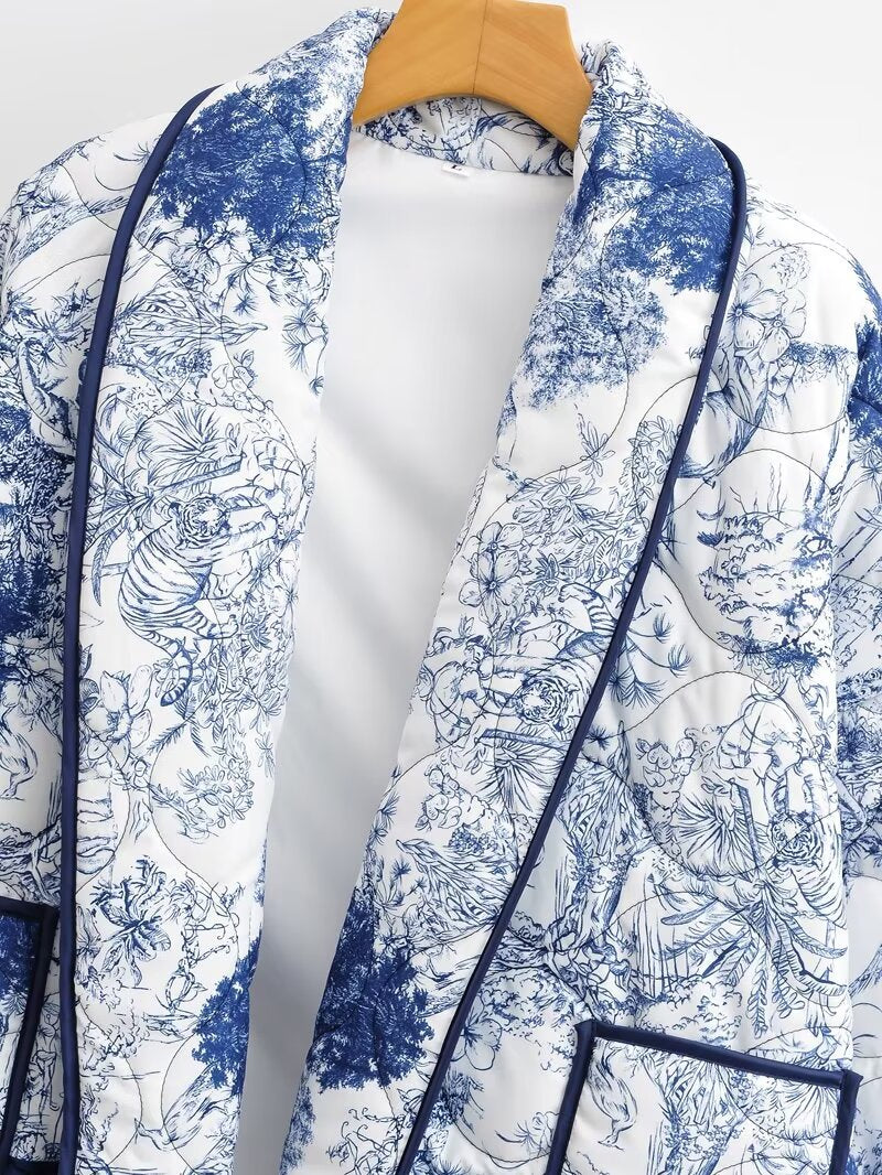 Toile Print Quilted Shawl Collar Jacket - Blue