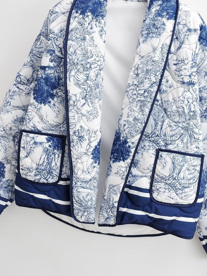 Toile Print Quilted Shawl Collar Jacket - Blue - 1