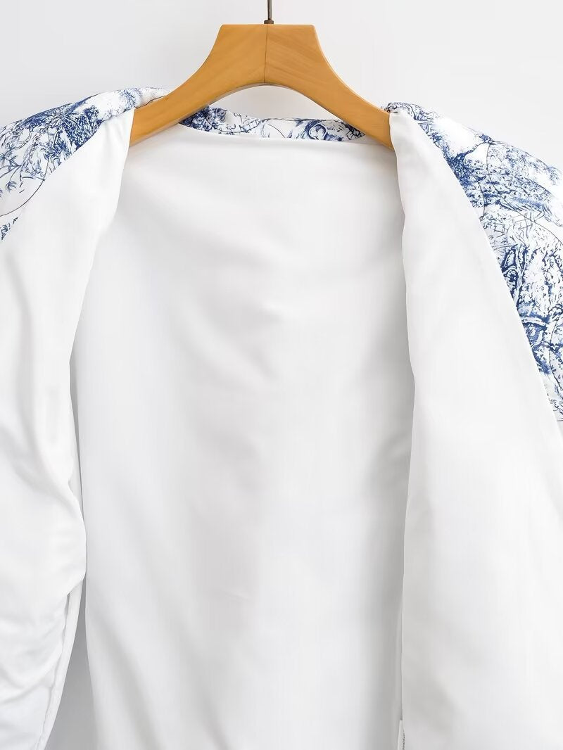 Toile Print Quilted Shawl Collar Jacket - Blue - 10