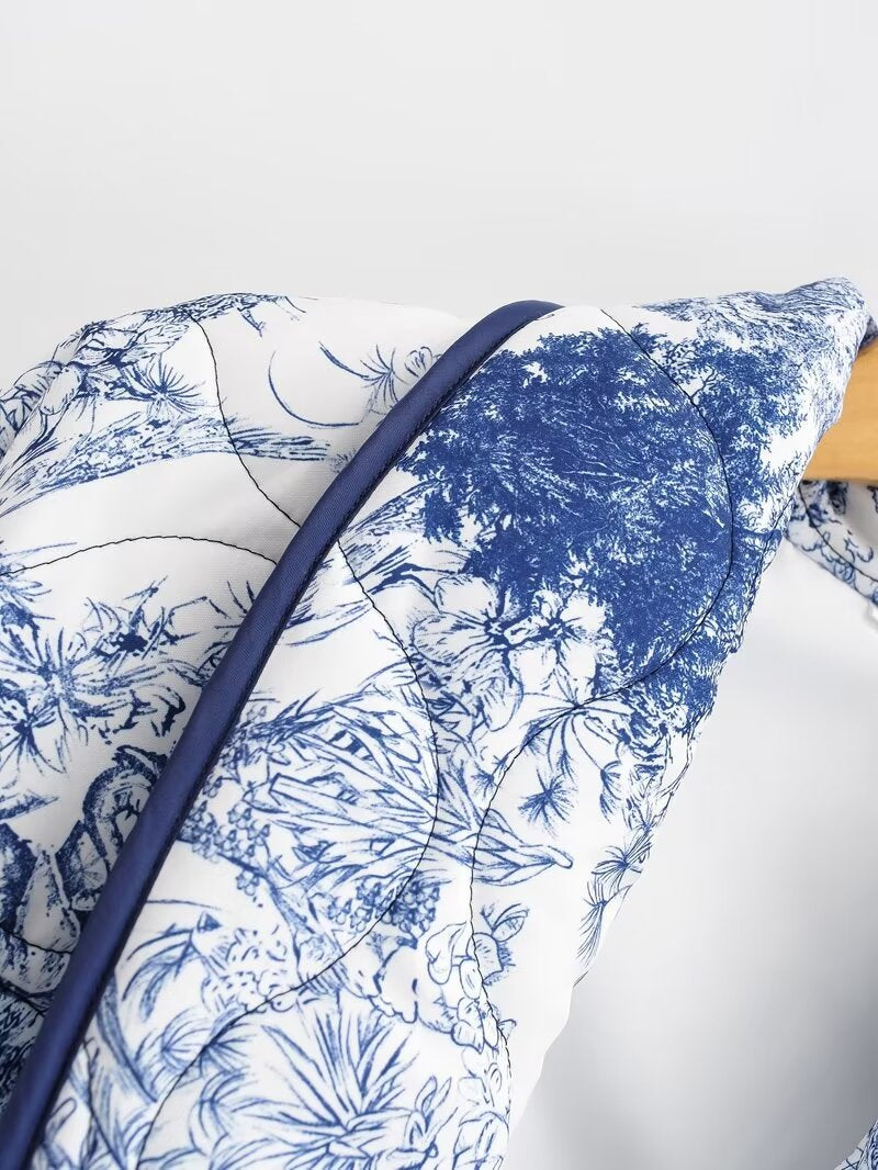 Toile Print Quilted Shawl Collar Jacket - Blue - 2