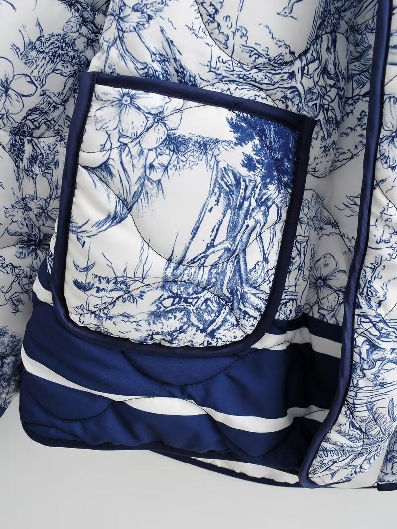 Toile Print Quilted Shawl Collar Jacket - Blue - 3