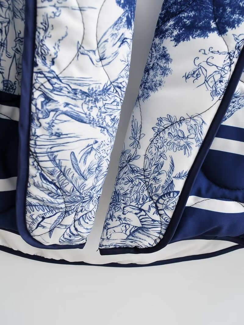 Toile Print Quilted Shawl Collar Jacket - Blue - 4