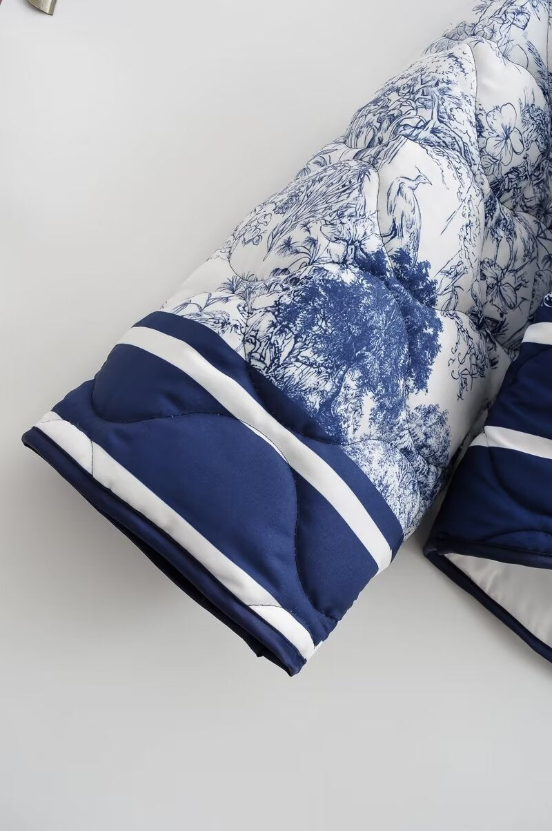 Toile Print Quilted Shawl Collar Jacket - Blue - 5