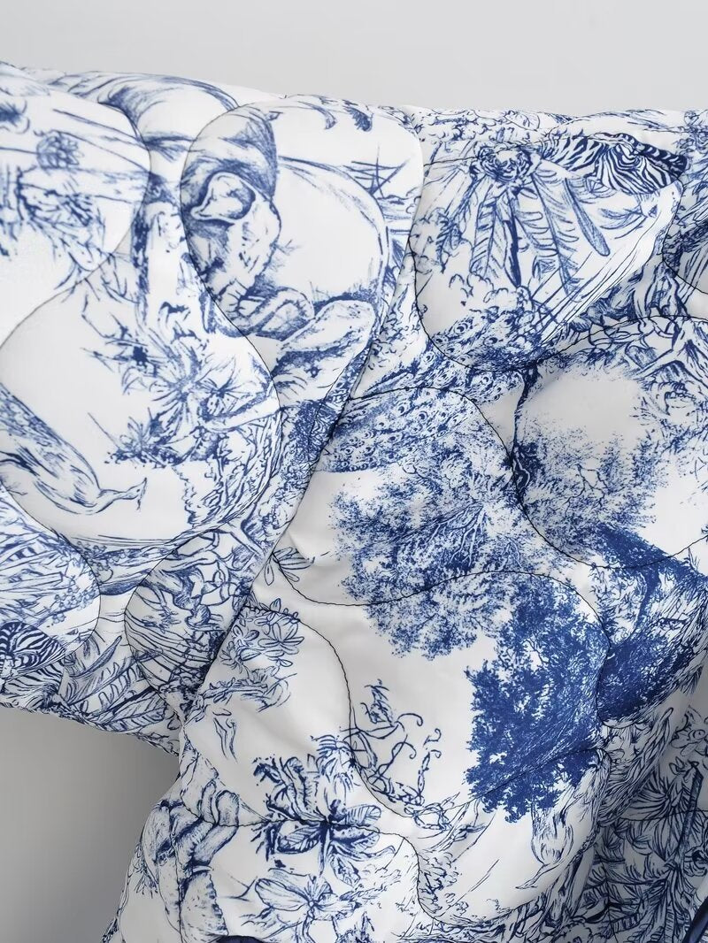 Toile Print Quilted Shawl Collar Jacket - Blue - 7