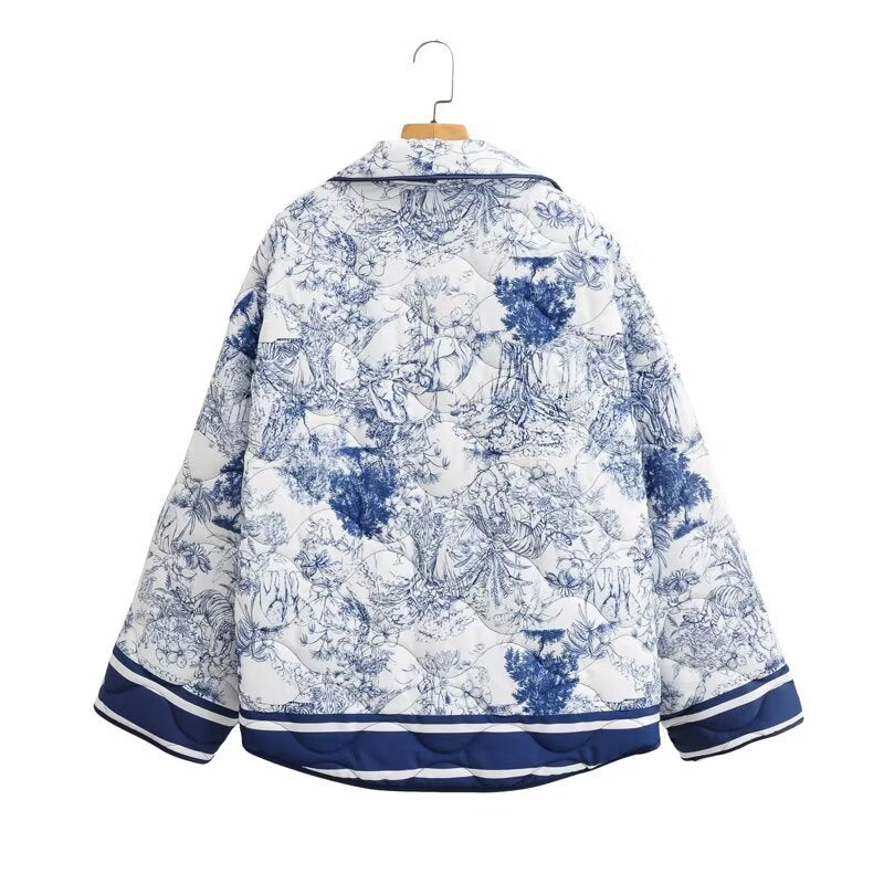 Toile Print Quilted Shawl Collar Jacket - Blue - 8