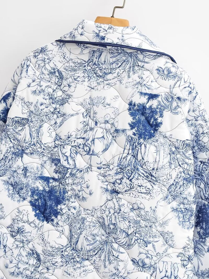 Toile Print Quilted Shawl Collar Jacket - Blue - 9
