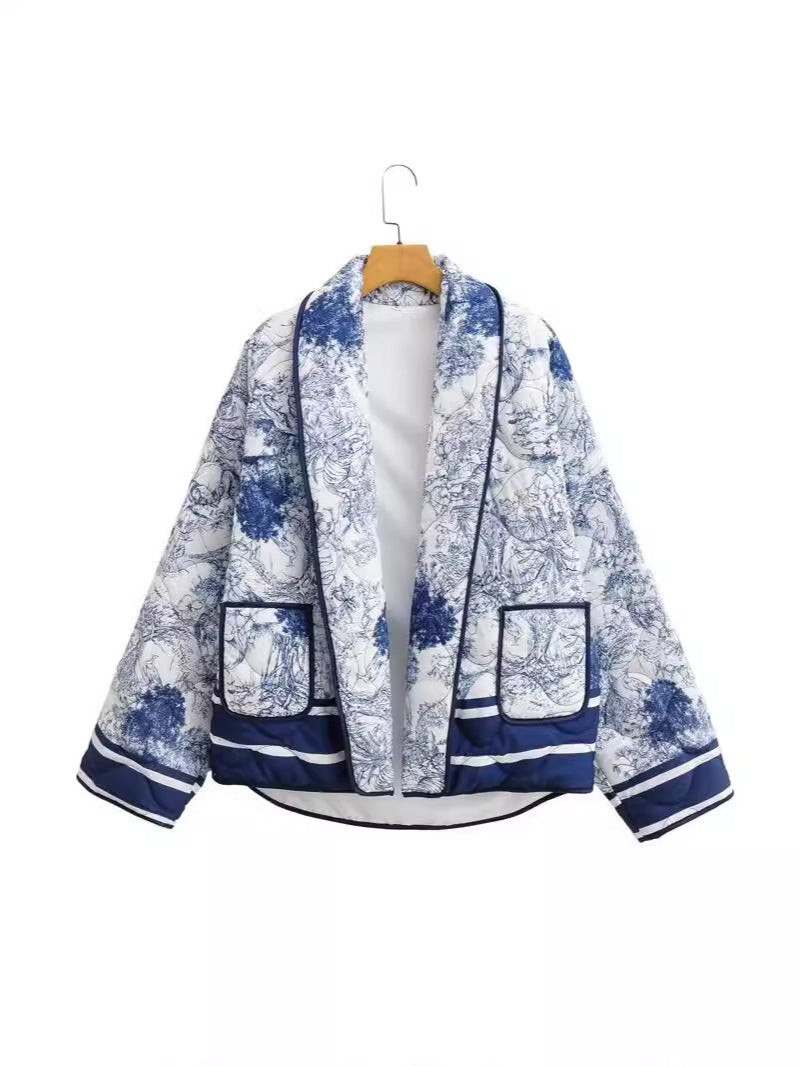 Toile Print Quilted Shawl Collar Jacket