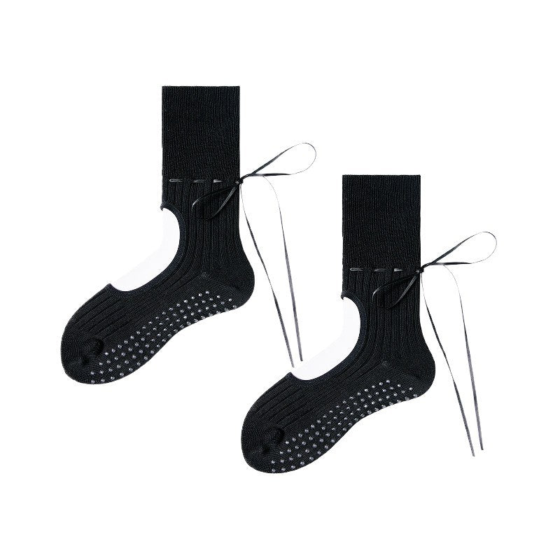 Ribbon Tie Non-Slip Pilates Grip Socks - Black