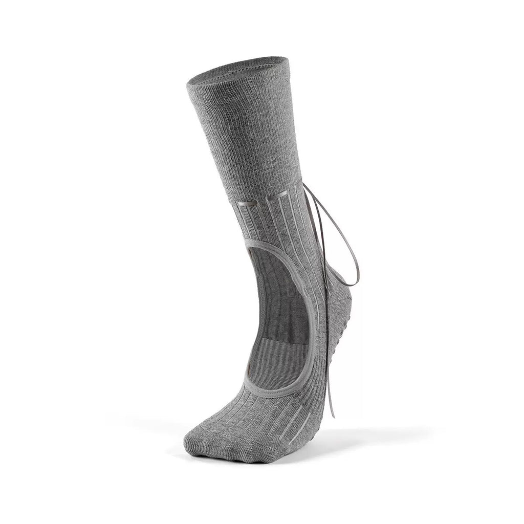Ribbon Tie Non-Slip Pilates Grip Socks - Grey