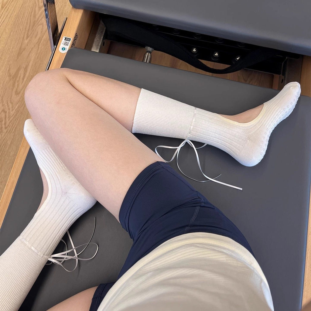 Ribbon Tie Non-Slip Pilates Grip Socks - White - 1