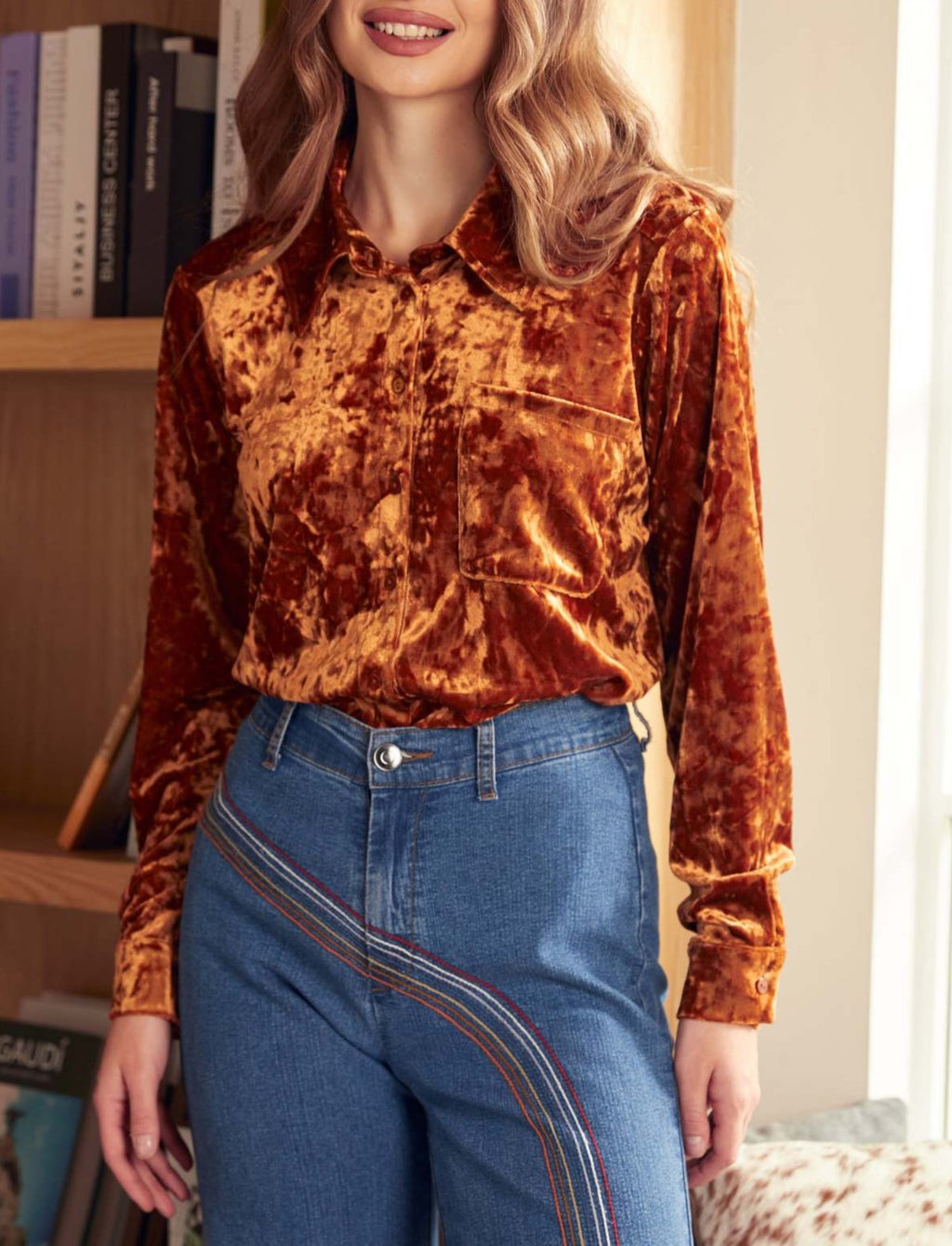 Crushed Velvet Collared Button Down Shirt - Orange