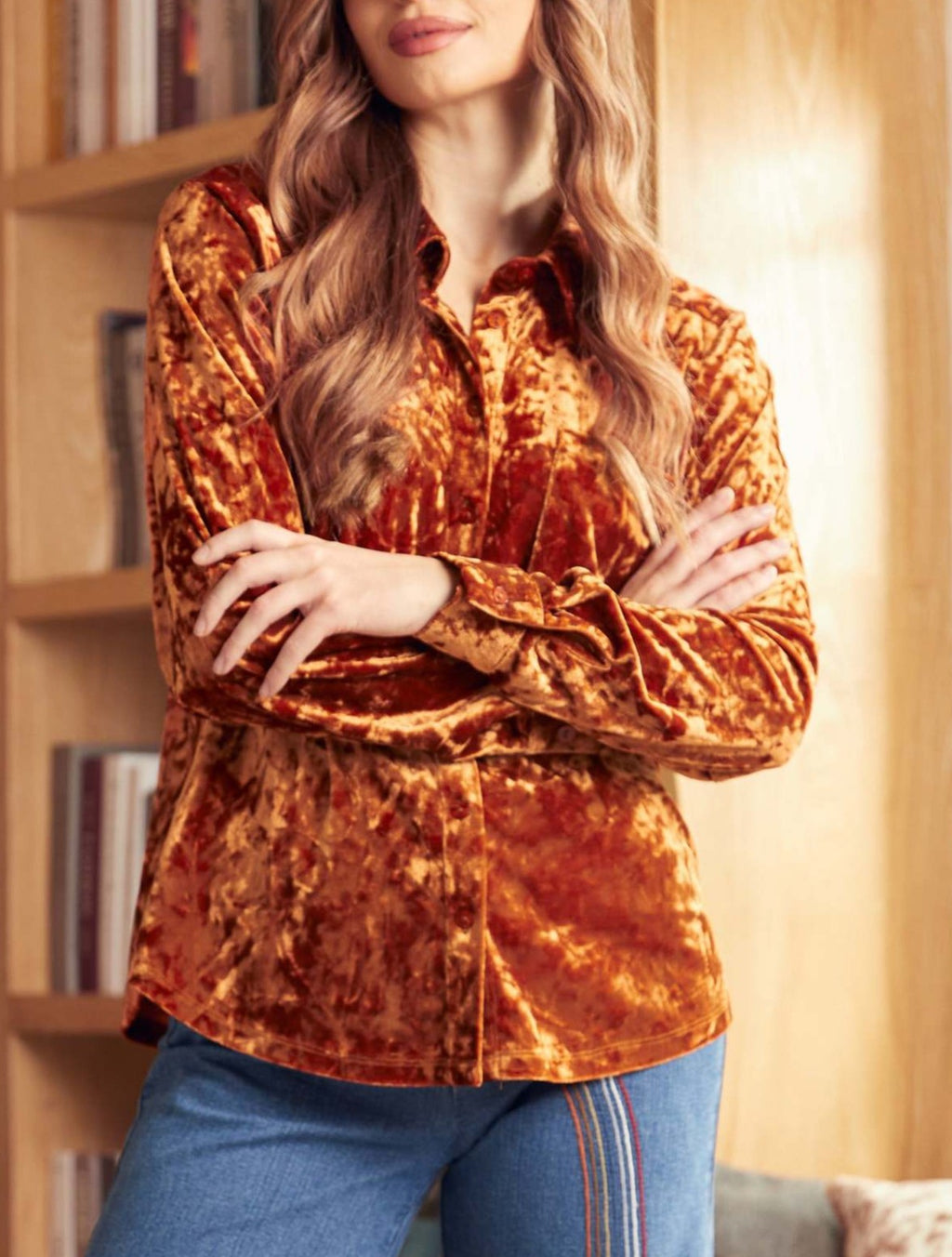 Crushed Velvet Collared Button Down Shirt - Orange - 1