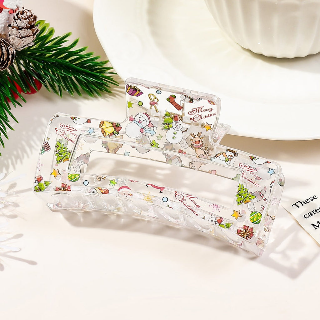 Christmas Print Rectangle Hair Claw Clip - clear
