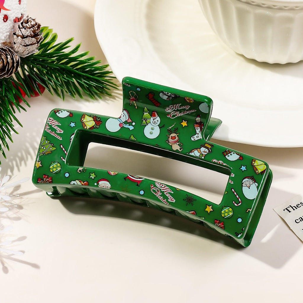 Christmas Print Rectangle Hair Claw Clip - green