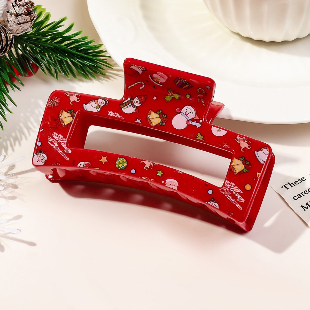 Christmas Print Rectangle Hair Claw Clip - red