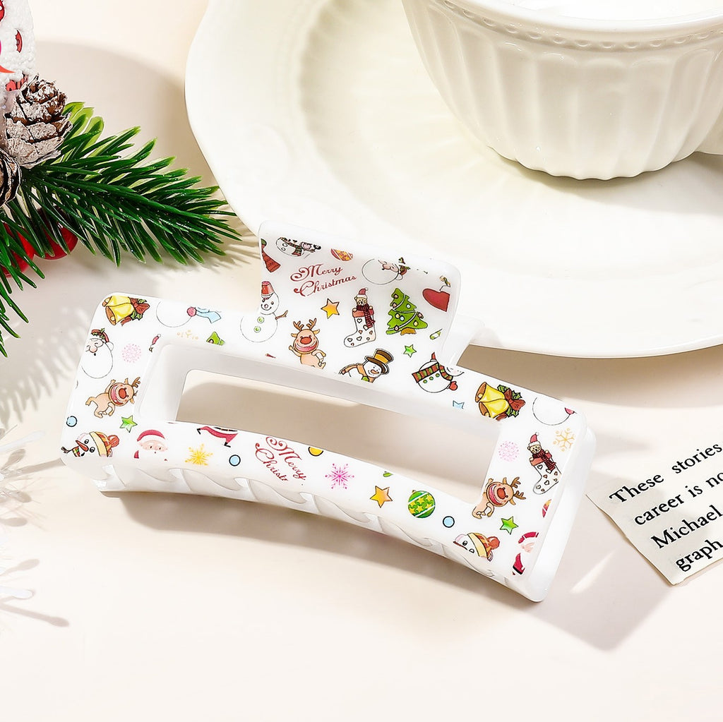 Christmas Print Rectangle Hair Claw Clip - white