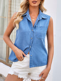 Sleeveless Denim Button Front Vest - Blue