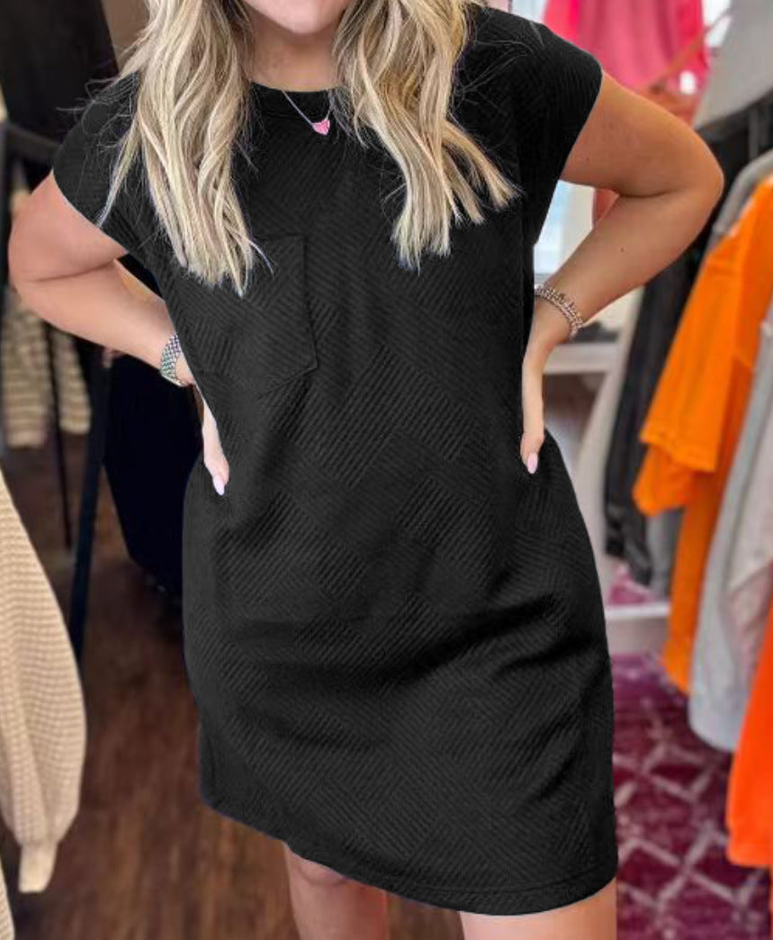 Textured Cap Sleeve Shift Dress With Pockets - Black