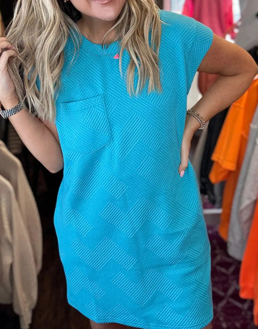 Textured Cap Sleeve Shift Dress With Pockets - Blue