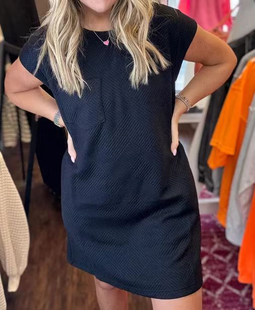 Textured Cap Sleeve Shift Dress With Pockets - DarkBlue