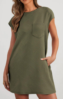 Textured Cap Sleeve Shift Dress With Pockets - DkGreen