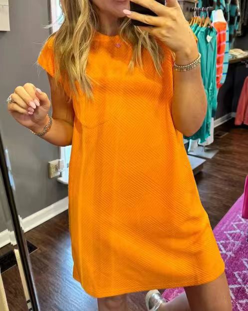 Textured Cap Sleeve Shift Dress With Pockets - Orange