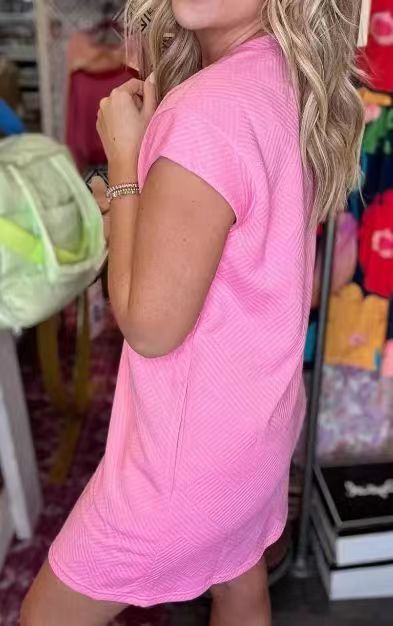 Textured Cap Sleeve Shift Dress With Pockets - Pink - 1