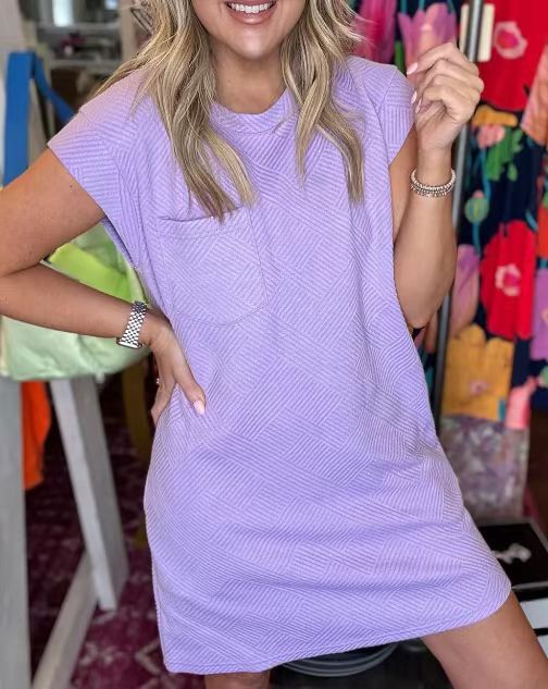 Textured Cap Sleeve Shift Dress With Pockets - Purple