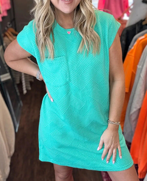 Textured Cap Sleeve Shift Dress With Pockets - Turquoise