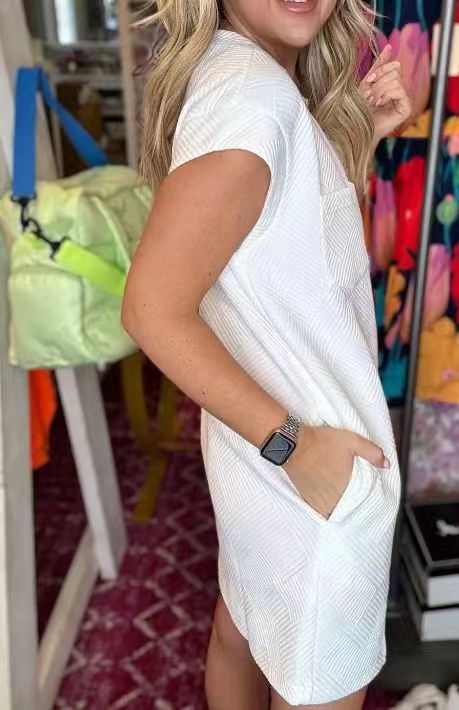 Textured Cap Sleeve Shift Dress With Pockets - White - 1