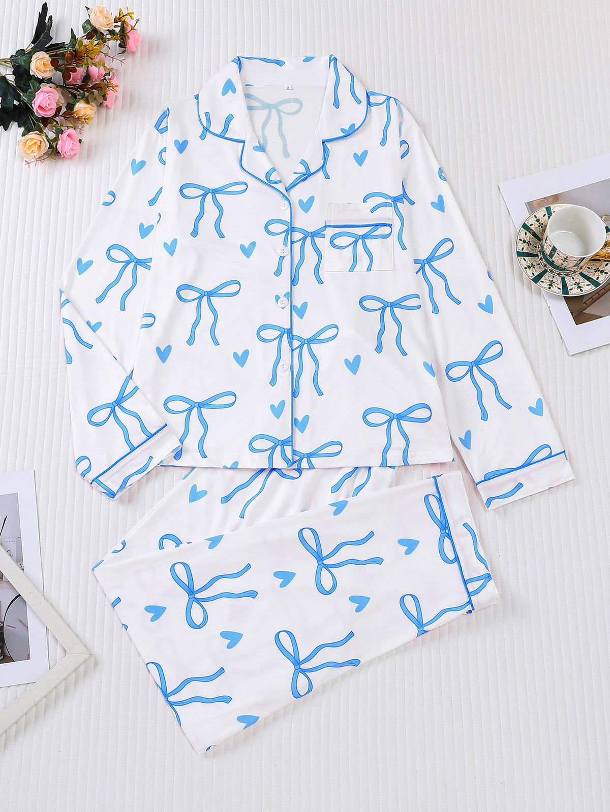 Bow and Heart Print Satin Pajama Set - Blue