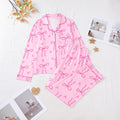 Bow and Heart Print Satin Pajama Set - Pink