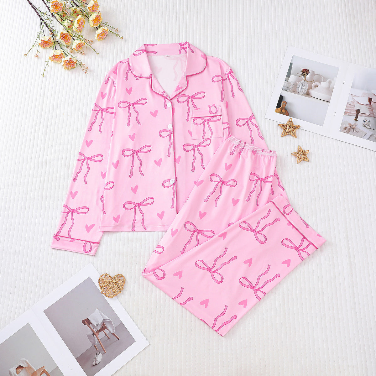 Bow and Heart Print Satin Pajama Set - Pink