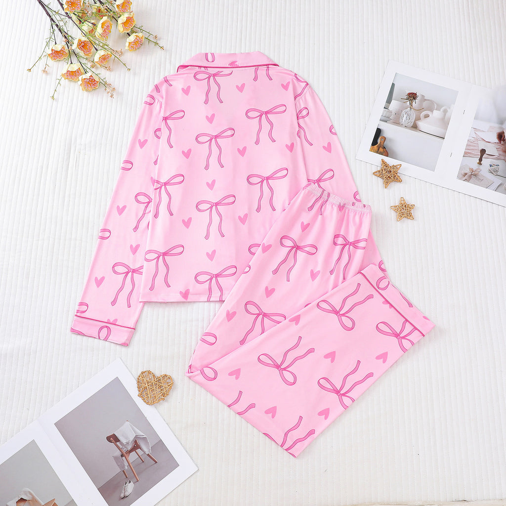 Bow and Heart Print Satin Pajama Set - Pink - 1