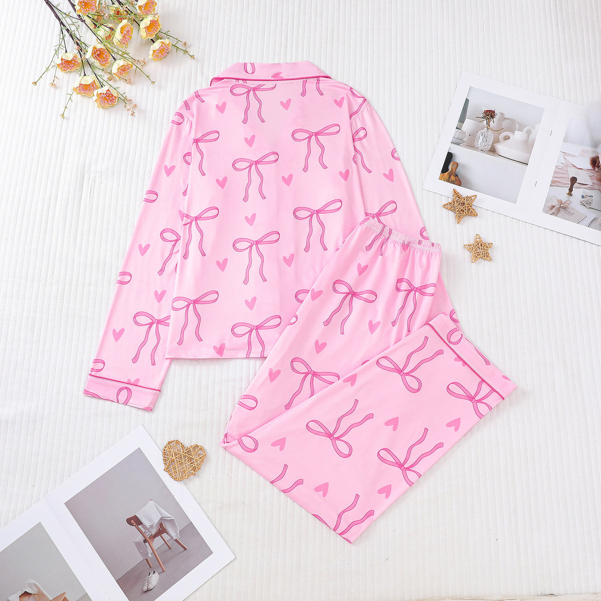Bow and Heart Print Satin Pajama Set - Pink - 1