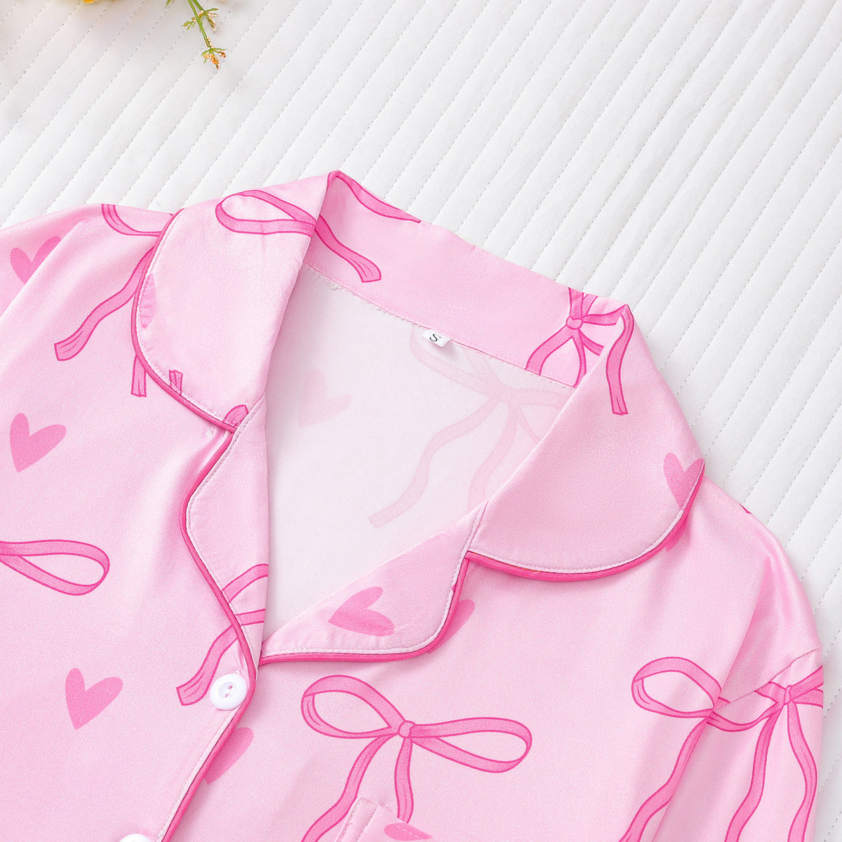 Bow and Heart Print Satin Pajama Set - Pink - 2