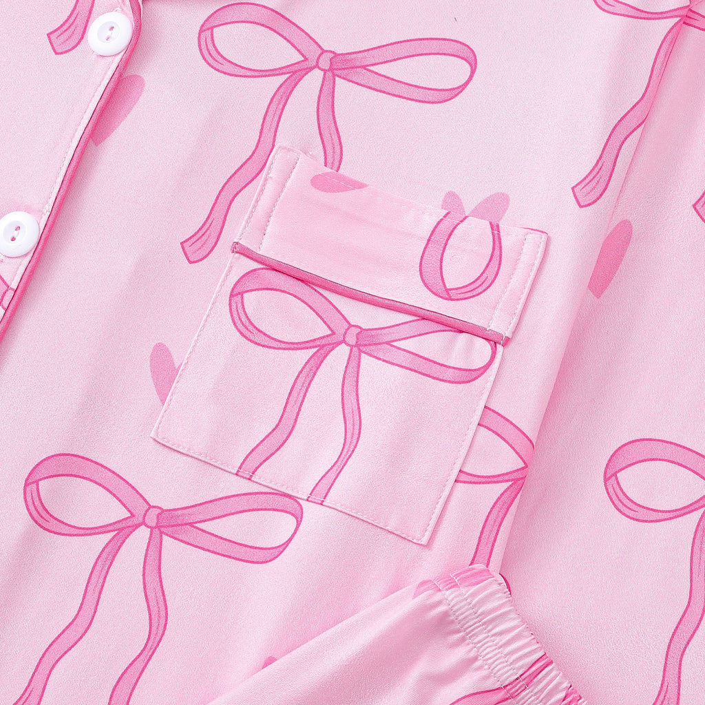 Bow and Heart Print Satin Pajama Set - Pink - 3