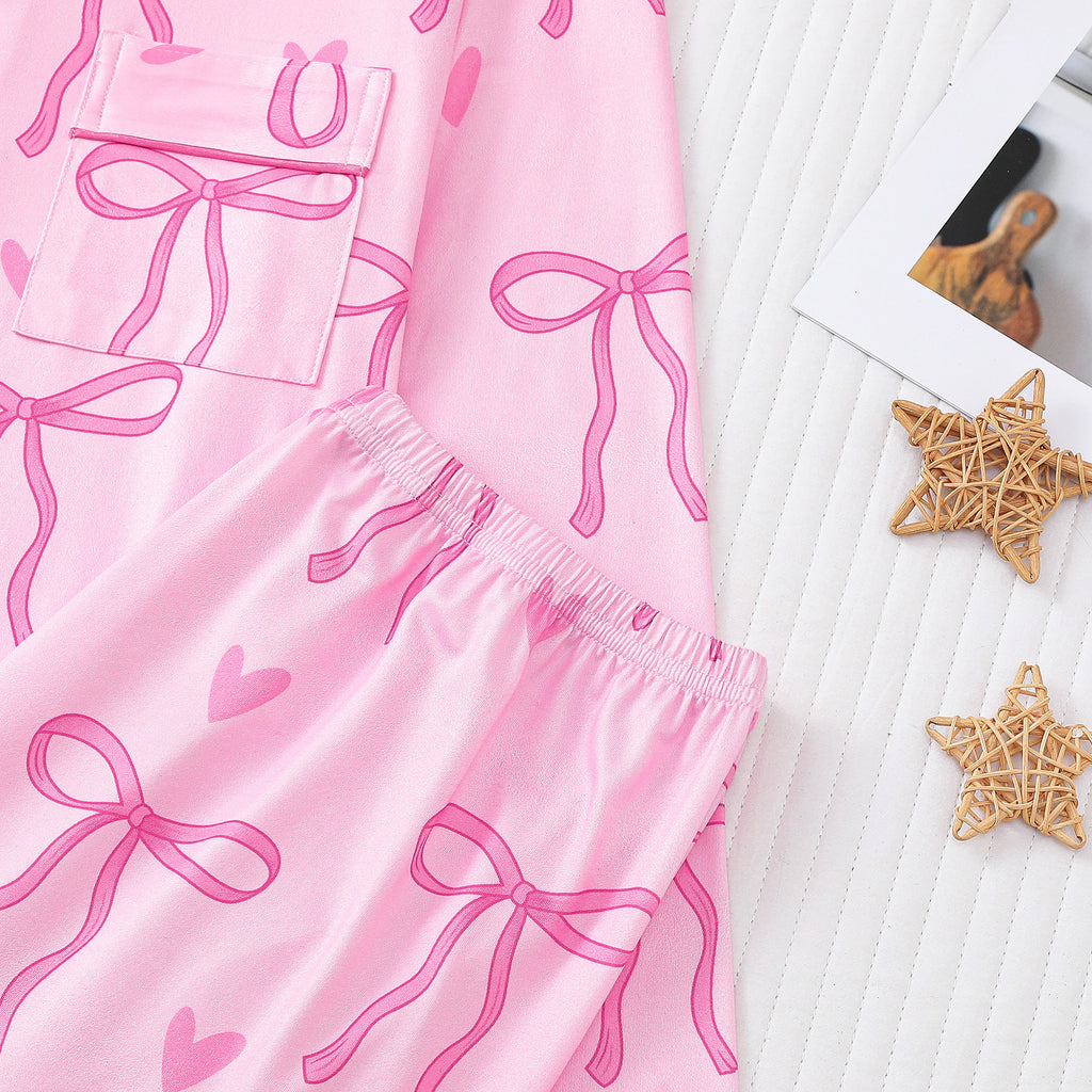 Bow and Heart Print Satin Pajama Set - Pink - 4