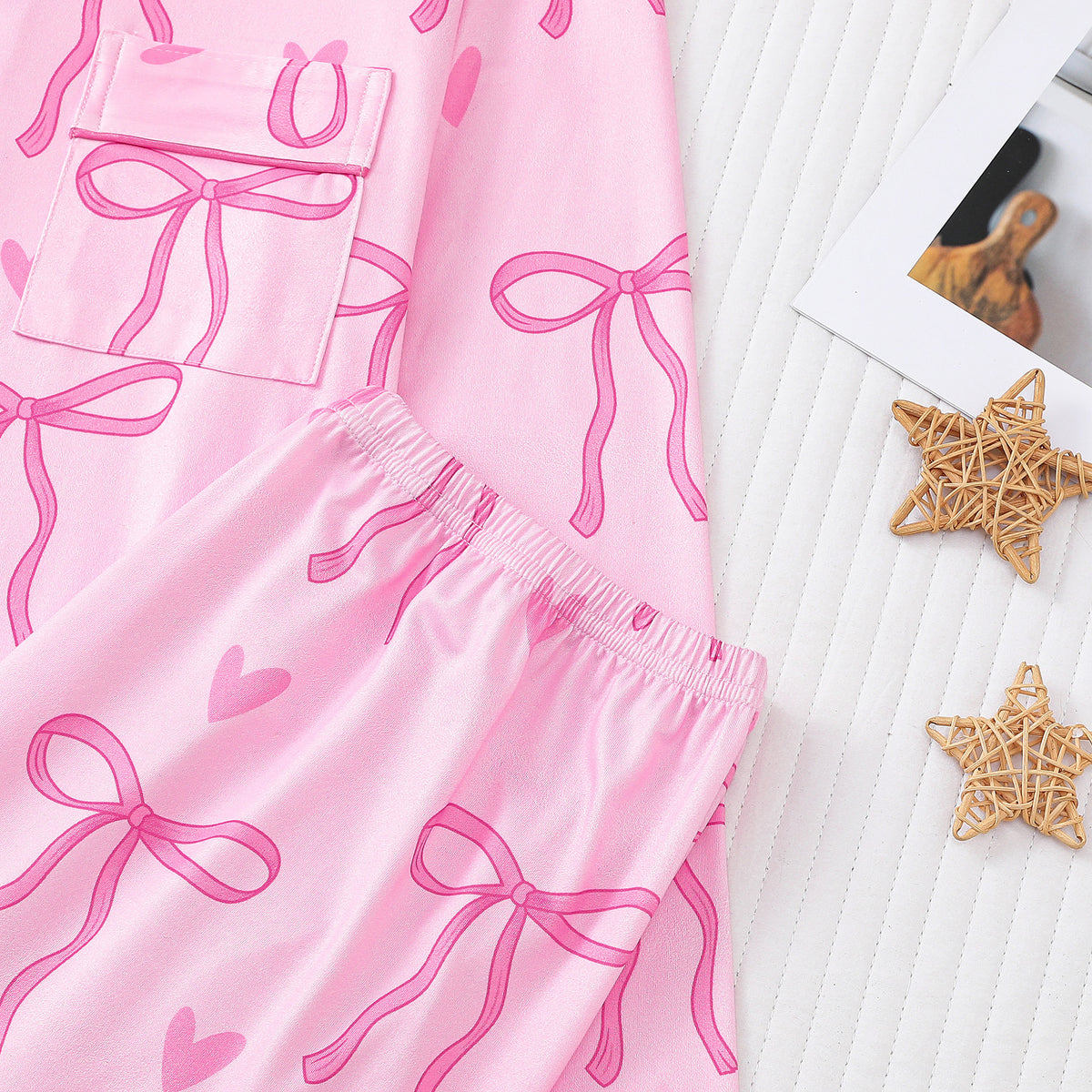 Bow and Heart Print Satin Pajama Set - Pink - 4