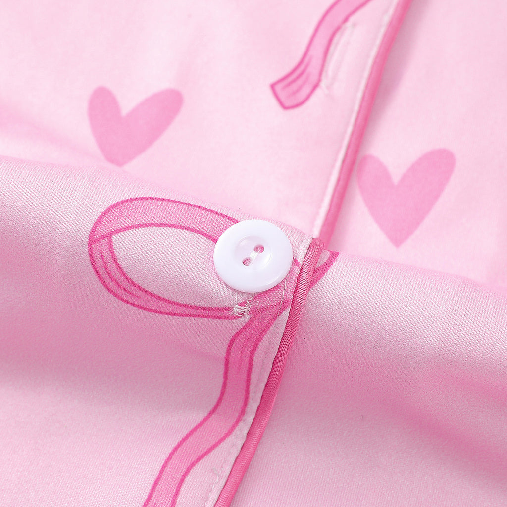 Bow and Heart Print Satin Pajama Set - Pink - 5