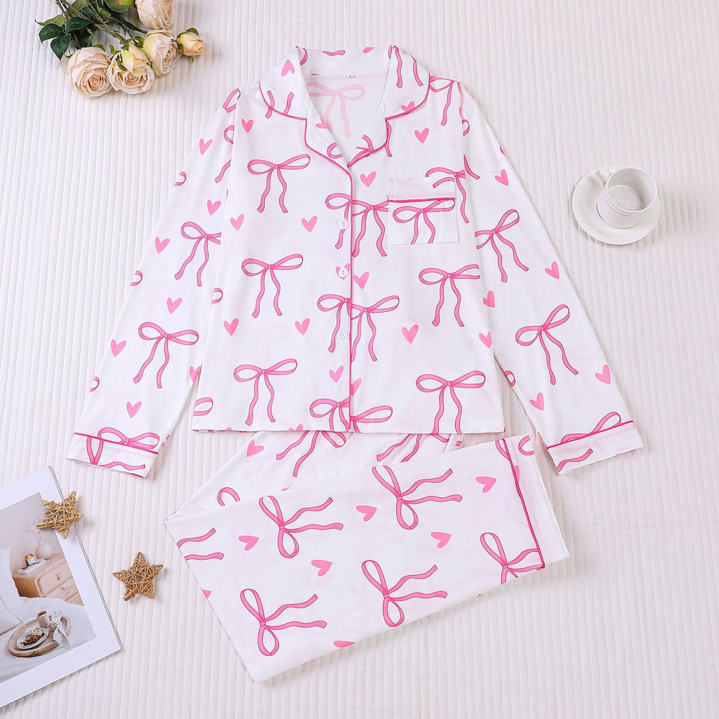 Bow and Heart Print Satin Pajama Set - White