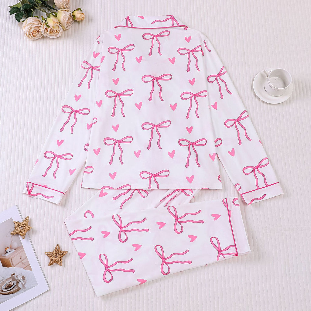 Bow and Heart Print Satin Pajama Set - White - 1