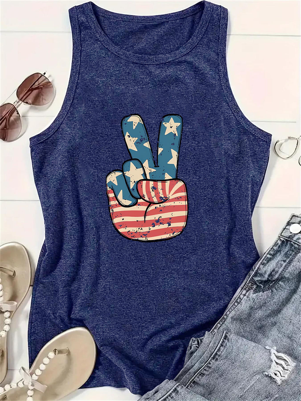 Stars and Stripes Peace Hand Tank Top - DarkBlue