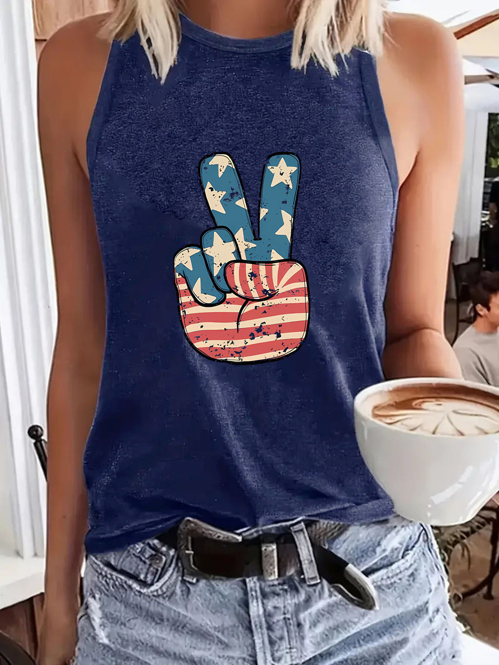 Stars and Stripes Peace Hand Tank Top - DarkBlue - 1