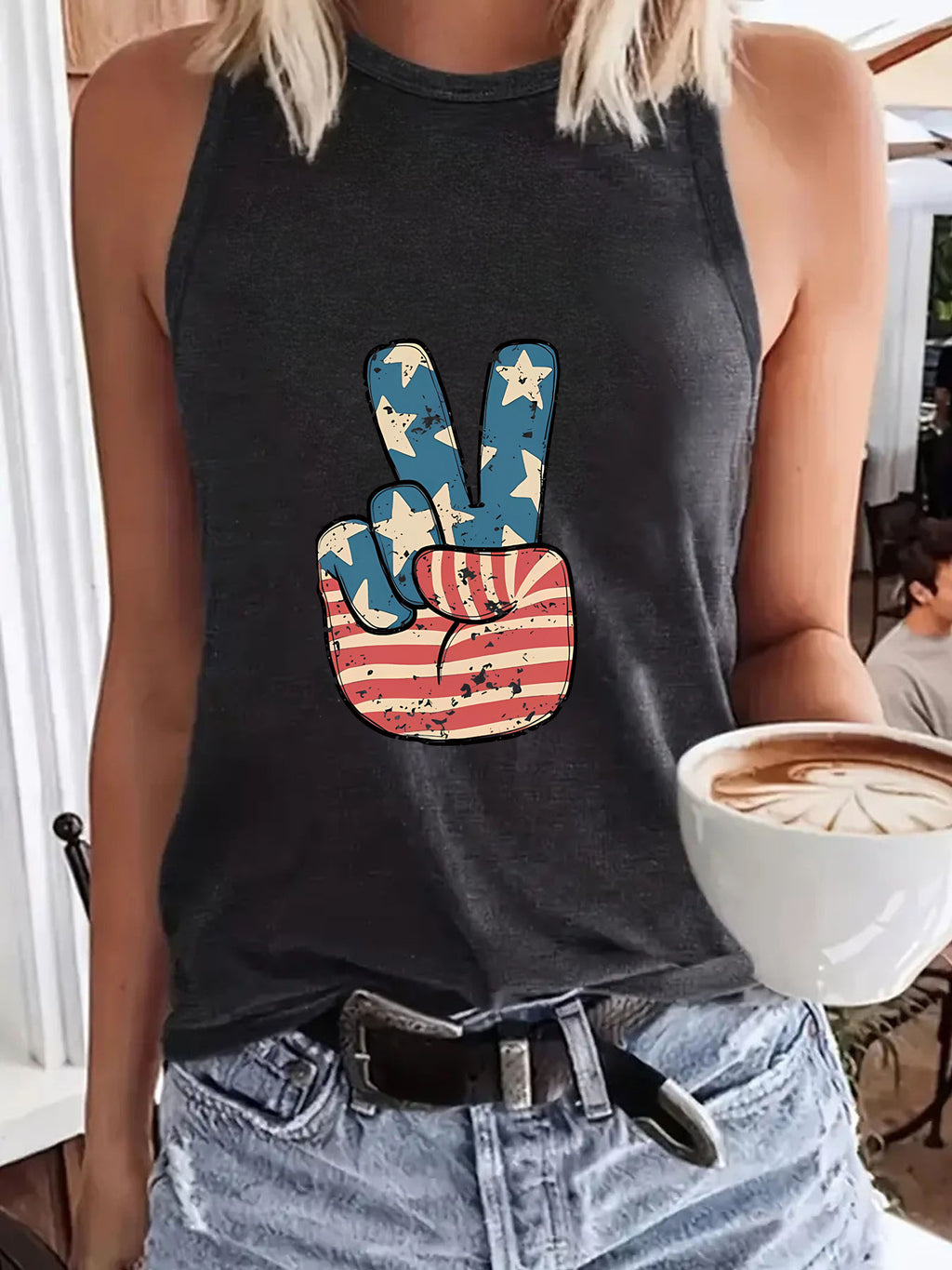 Stars and Stripes Peace Hand Tank Top - DarkGray