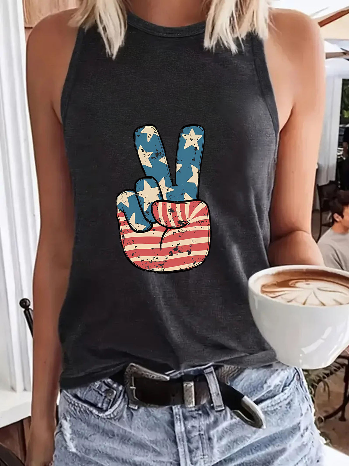 Stars and Stripes Peace Hand Tank Top - DarkGray