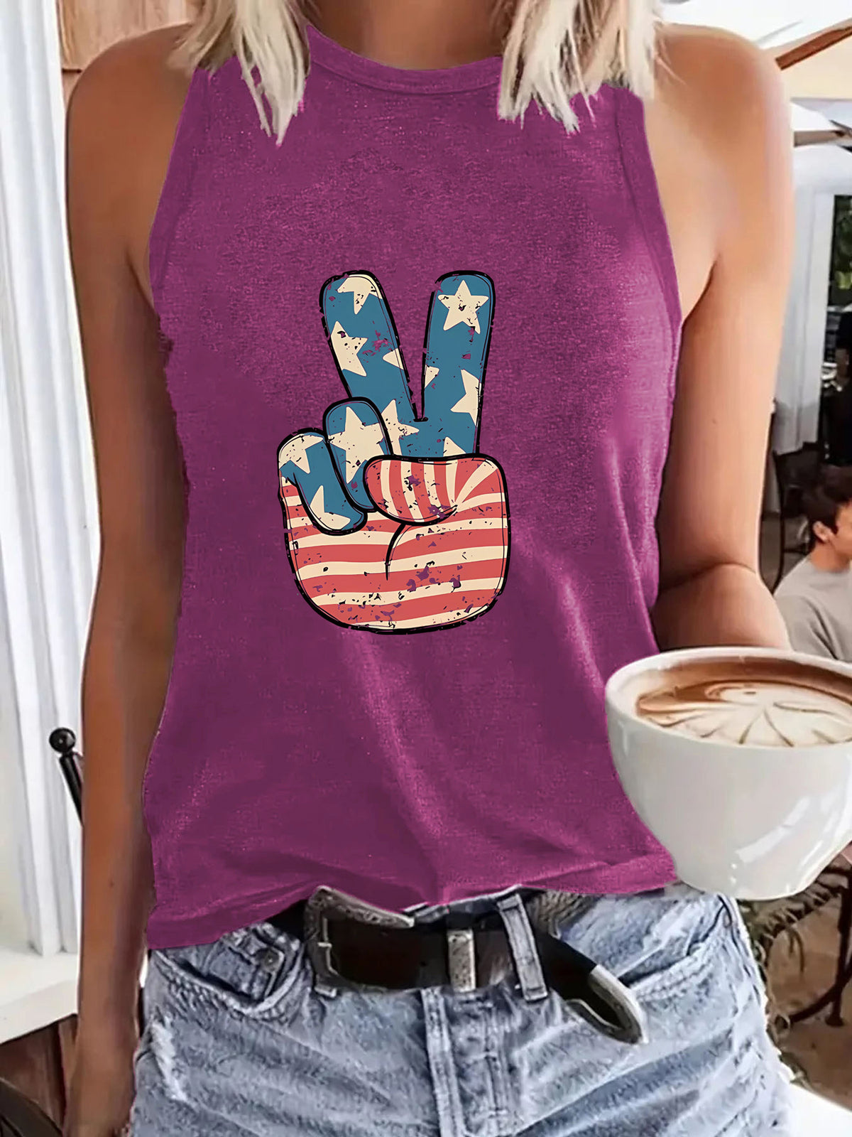Stars and Stripes Peace Hand Tank Top - Purple