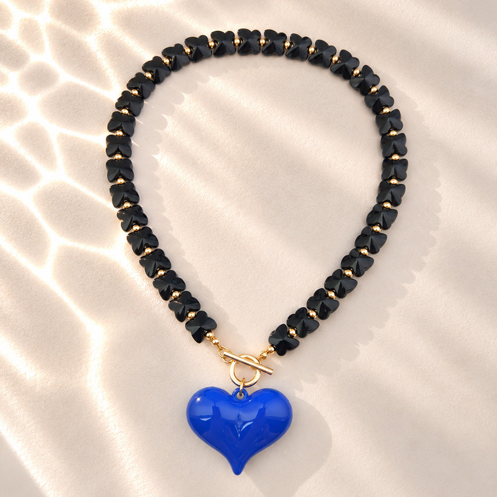 Puffy Heart Toggle Clasp Beaded Necklace - Black