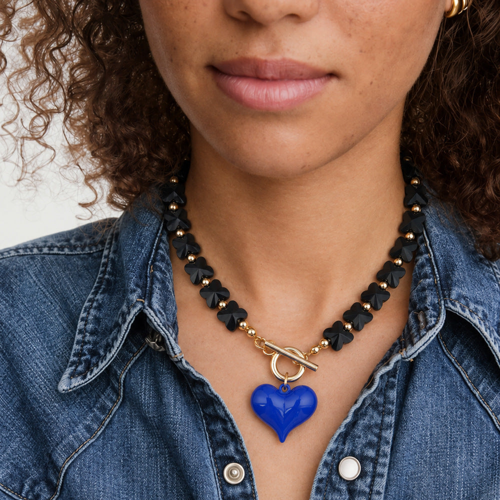 Puffy Heart Toggle Clasp Beaded Necklace - Black - 1